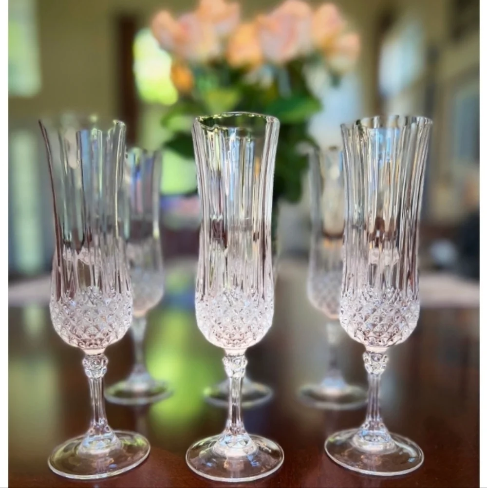 Vintage Cristal d'Arques 6 Longchamp Champagne Flutes French Diamond Cut Crystal